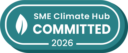 SME Climate Hub Committed 2025 badge with a leaf icon on a teal background