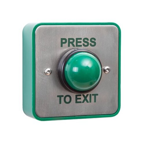 RGL EBGBWC02-PTE Press to Exit Button, Momentary Contact, Surface and Flush Mount, Stainless Steel, Green Dome - MES Systems Nuneaton