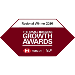 Award badge for Regional Winner 2026 of The Small Business Growth Awards with HSBC UK and fsb logos.