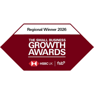 Award badge for Regional Winner 2026 of The Small Business Growth Awards with HSBC UK and fsb logos.