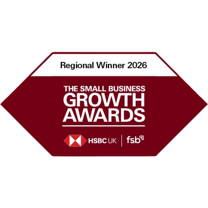 Award badge for Regional Winner 2026 of The Small Business Growth Awards with HSBC UK and fsb logos.