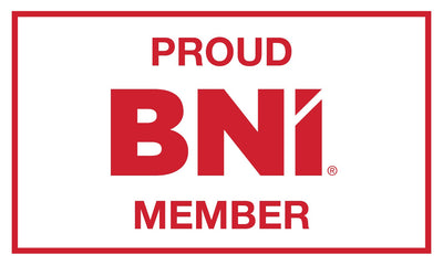 A red and white BNI logo graphic with the words 'PROUD BNI MEMBER' inside a thin red border.