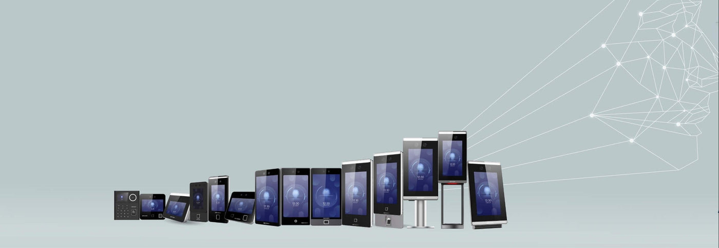 Row of electronic devices on a light blue background with a geometric design illustrating facial recognition.