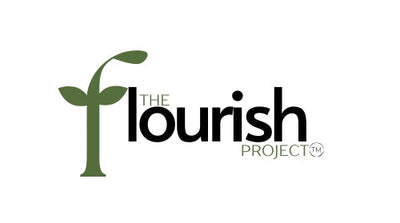 Logo of The Flourish Project with a stylized 'f' and leaf on a white background