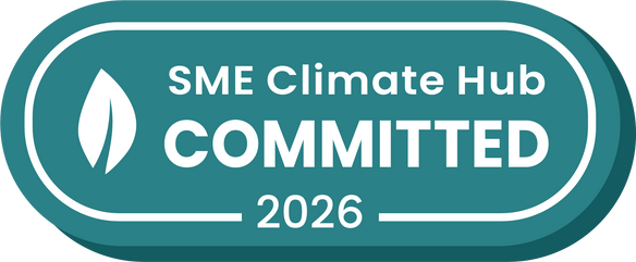 SME Climate Hub Committed 2025 badge with a leaf icon on a teal background