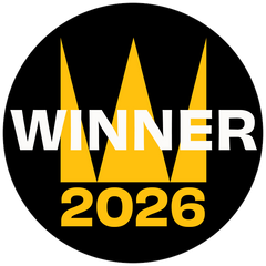 Circular badge with 'WINNER 2026' text and yellow three-pointed design on a black background