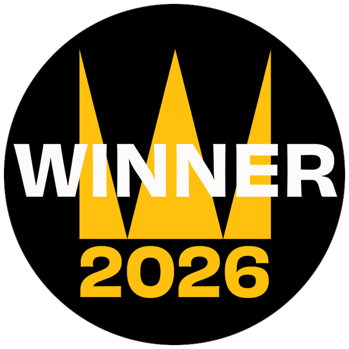Circular badge with 'WINNER 2026' text and yellow three-pointed design on a black background